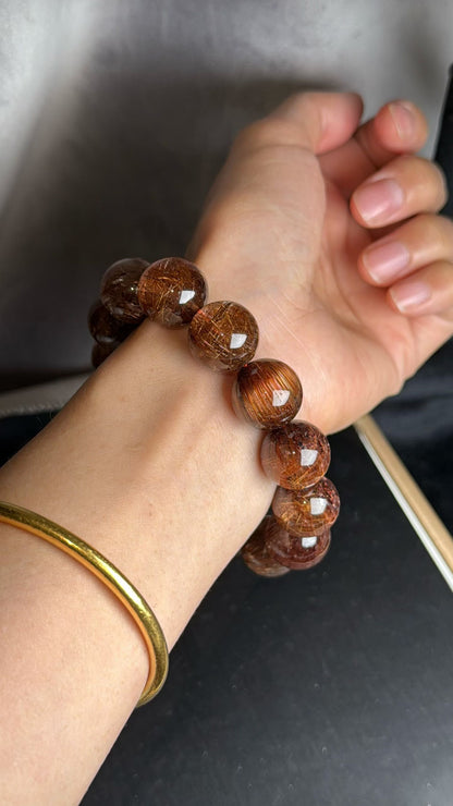 Natural Genuine Red copper Rutilated Quartz Crystal beads bracelet 15mm
