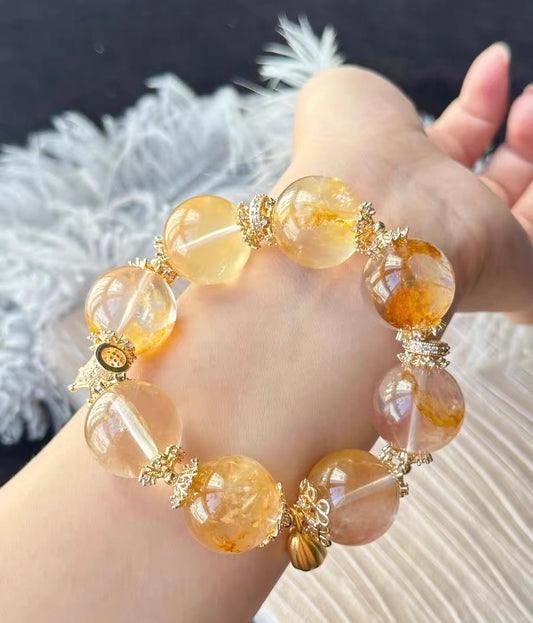 19mm Natural Yellow pyrite in Hematoid Lepidocrocite Quartz Crystal beaded bracelet