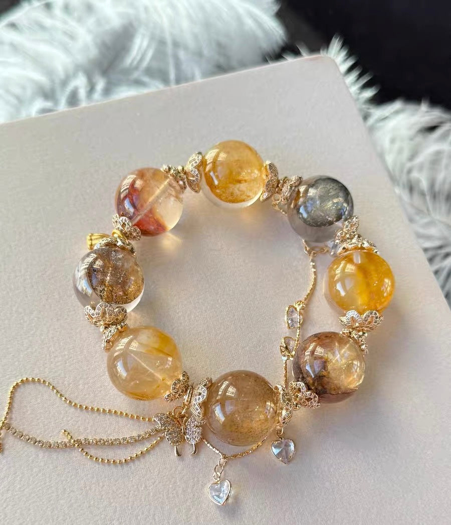 Natural yellow pyrite Hematoid Lepidocrocite Quartz Crystal beads bracelet,19mm