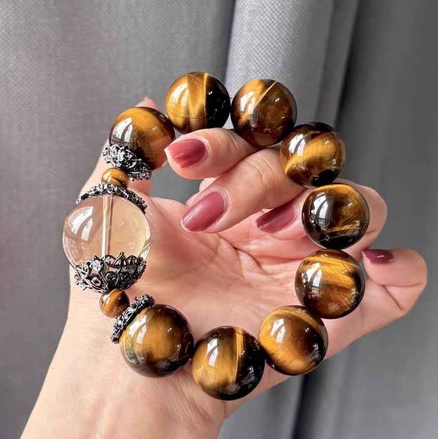 Natural Yellow tiger eyes and Smoky Quartz Crystal beaded bracelet