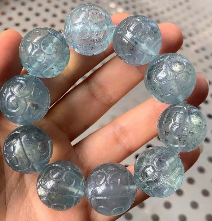 20mm Natural Black Starlight Aquamarine Carved beaded bracelet