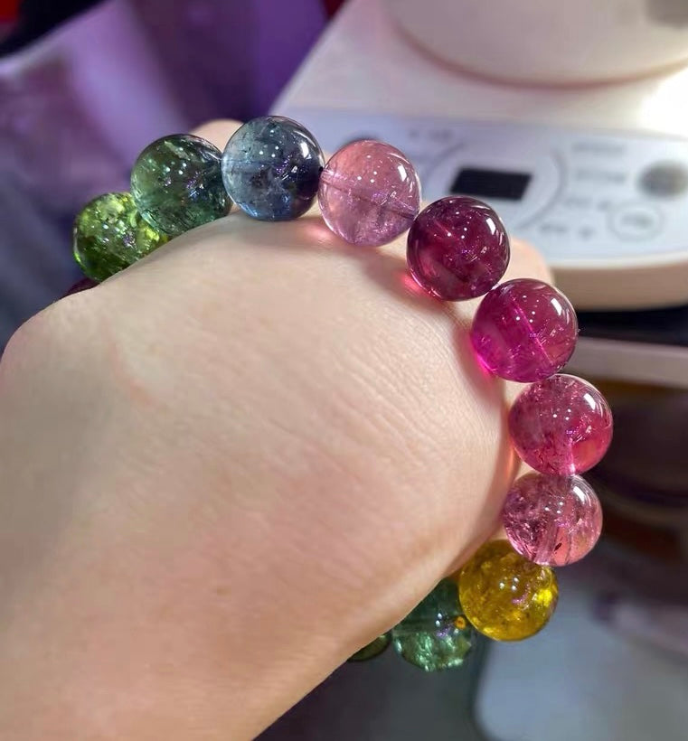 Natural Genuine Rainbow tourmaline purple blue red pink Green yellow color beads bracelet 12mm