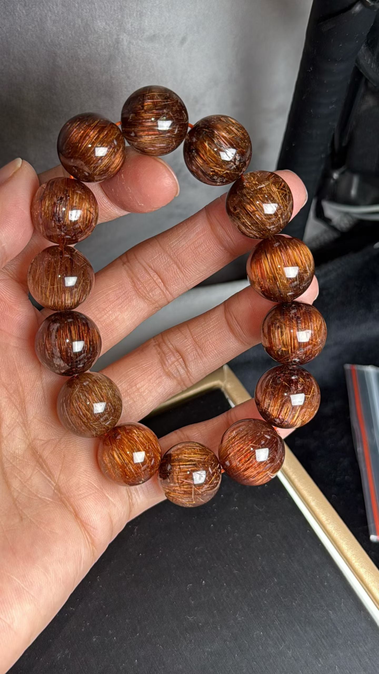 Natural Genuine Red copper Rutilated Quartz Crystal beads bracelet 15mm