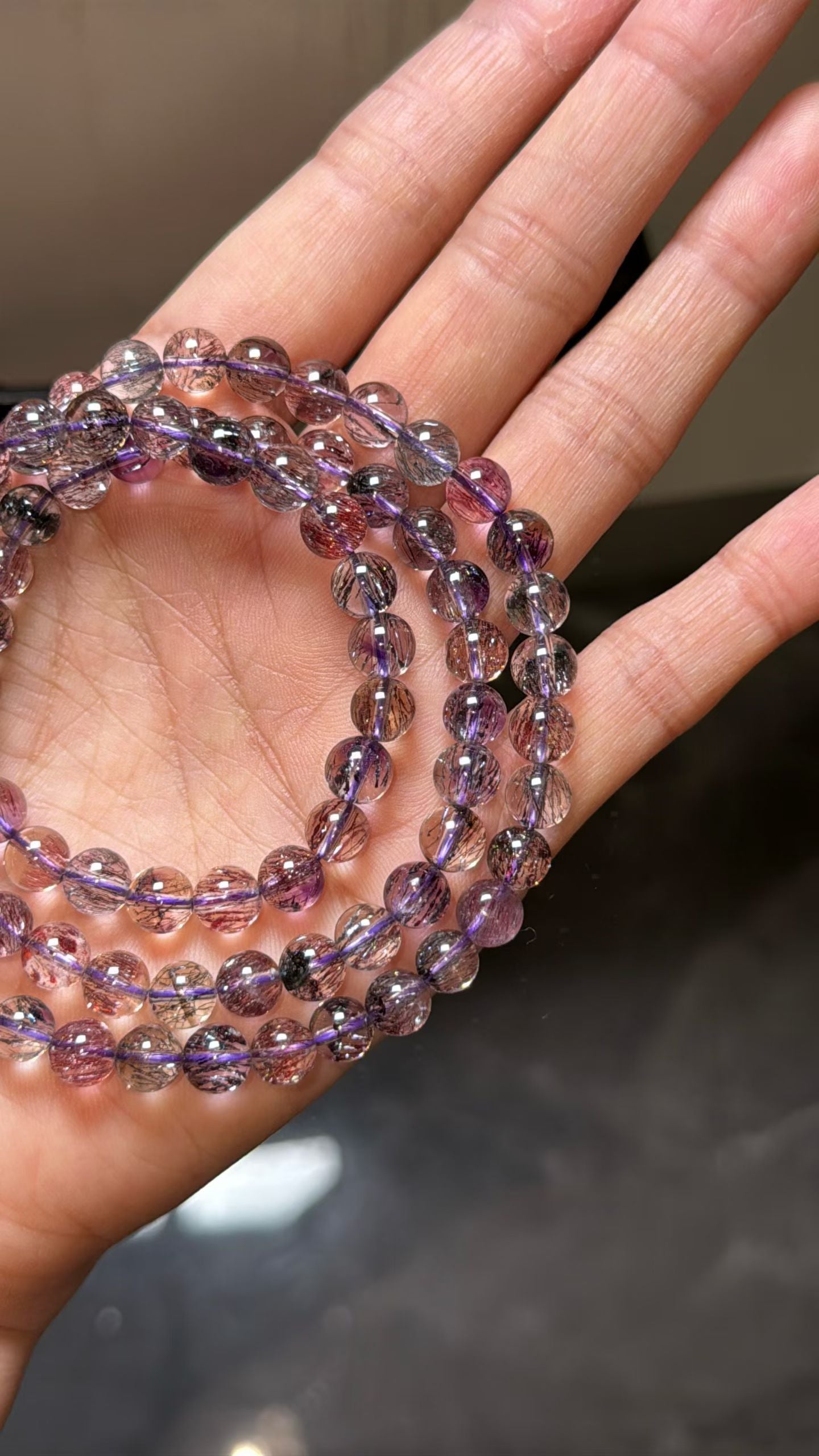 6.8mm Natural Super seven crystal Rutilated Quartz beads bracelet,3 laps bracelet