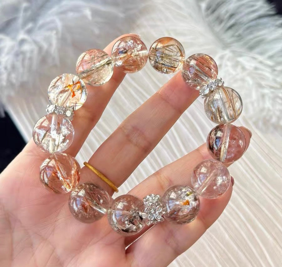 Natural Black Golden Super seven tourmaline Rutilated Quartz Crystal beads bracelet