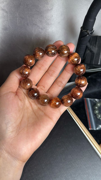 Natural Genuine Red copper Rutilated Quartz Crystal beads bracelet 15mm