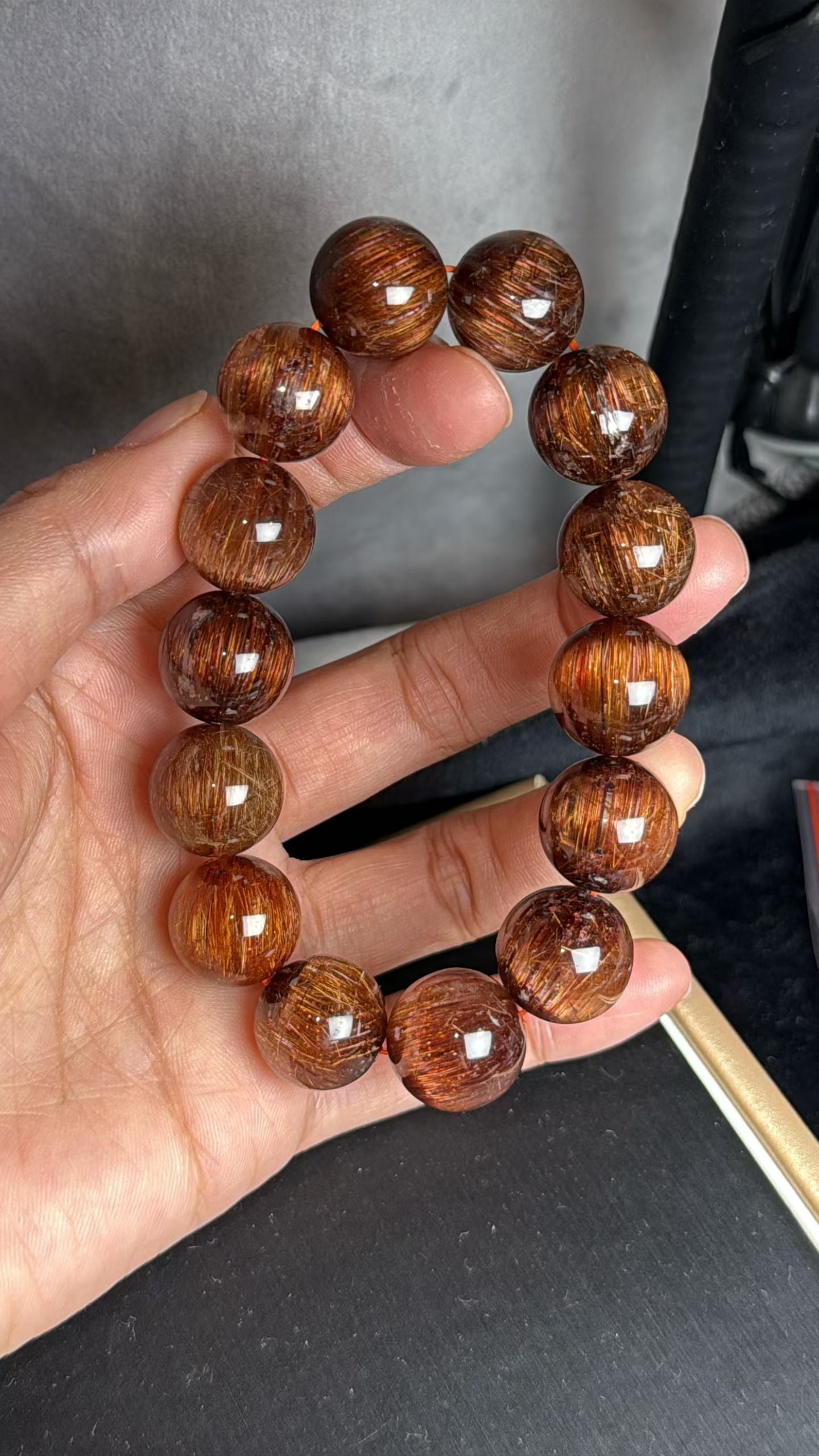 Natural Genuine Red copper Rutilated Quartz Crystal beads bracelet 15mm