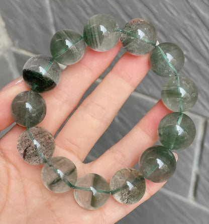 16mm Natural Green phantom quartz Crystal beaded bracelet