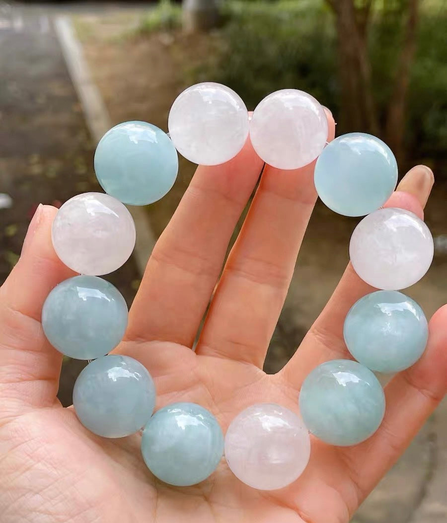19mm Natural aquamarine and white phantom quartz Crystal beads bracelet