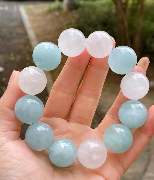 19mm Natural aquamarine and white phantom quartz Crystal beads bracelet