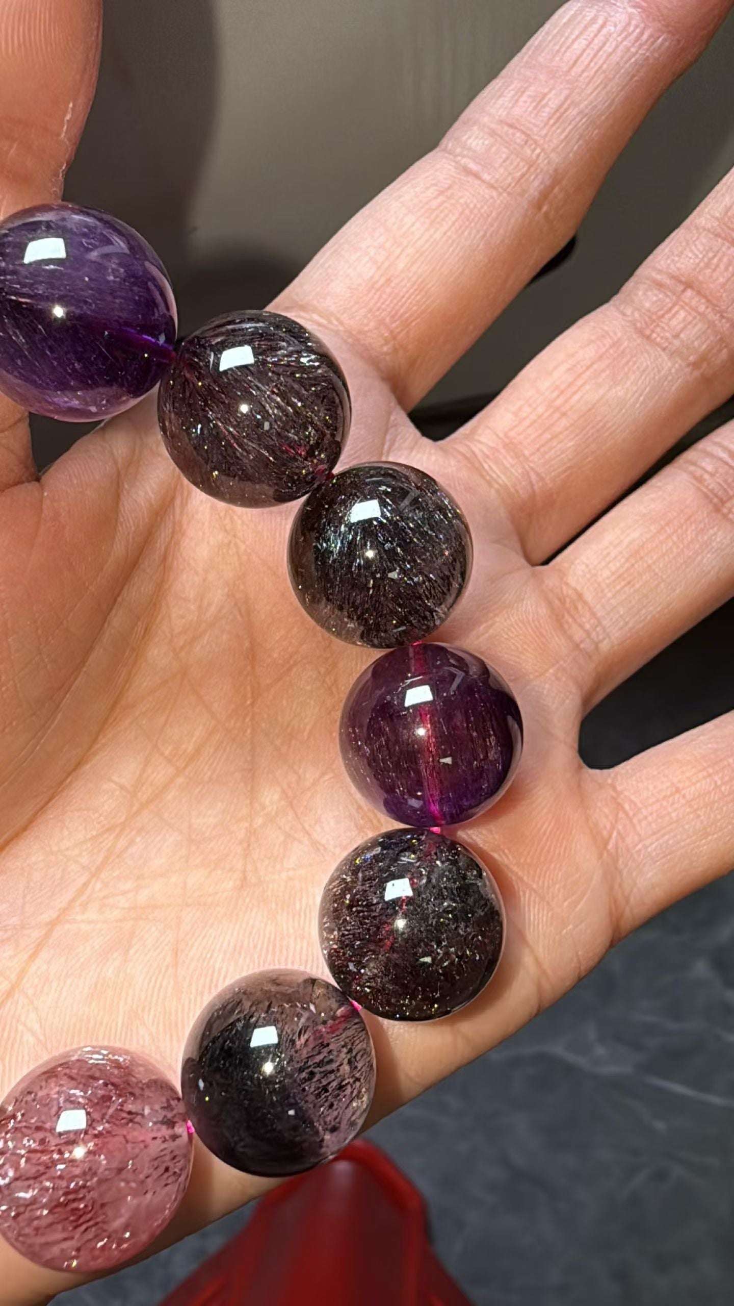 Purple Red Super seven Rutilated Quartz Crystal beaded bracelet 15mm,Lepidocrocite in crystal