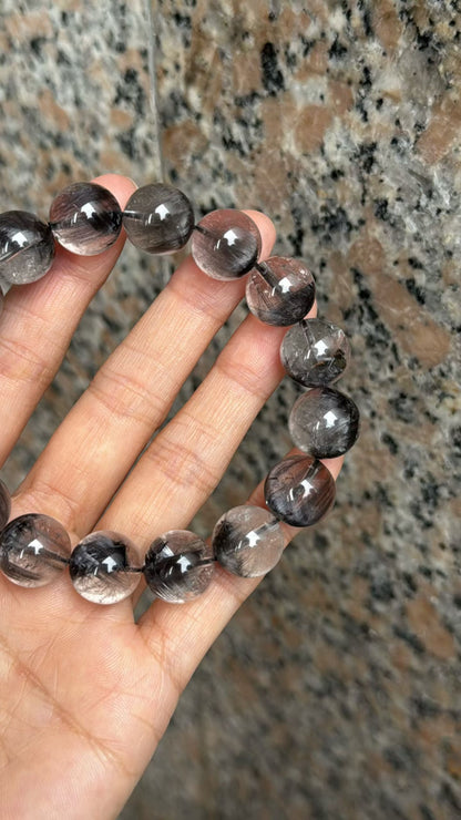 13mm High Quality Rare Natural Genuine Black Brookite Platinum Silver Rutilated Quartz Bracelet healing energy bracelet