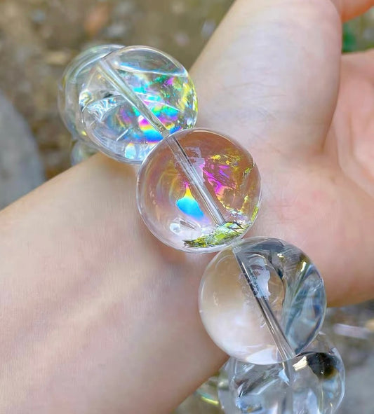 23mm Natural Rainbow White ASai Rock Quartz Crystal beaded bracelet