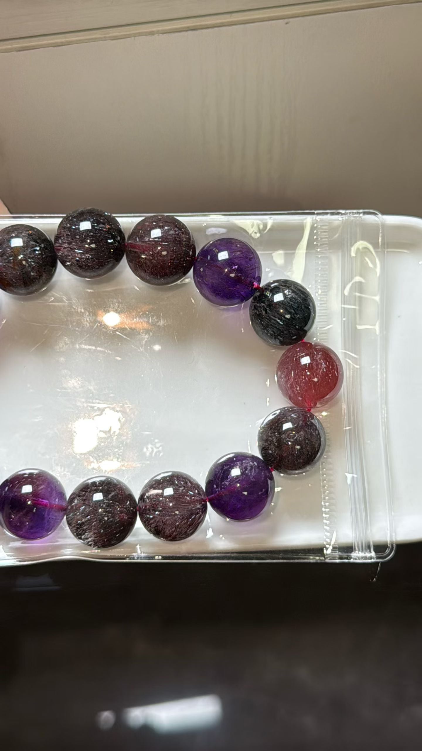 Purple Red Super seven Rutilated Quartz Crystal beaded bracelet 15mm,Lepidocrocite in crystal
