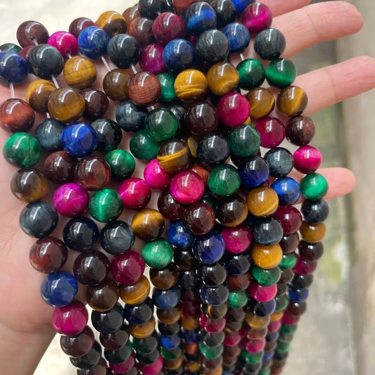 Natural mixed color tiger'eyes Red blue green yellow purple smooth round beads