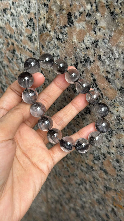 13mm High Quality Rare Natural Genuine Black Brookite Platinum Silver Rutilated Quartz Bracelet healing energy bracelet
