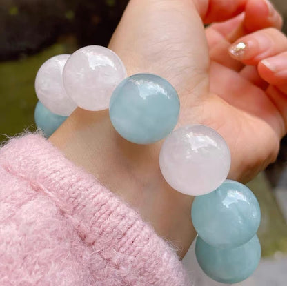 19mm Natural aquamarine and white phantom quartz Crystal beads bracelet