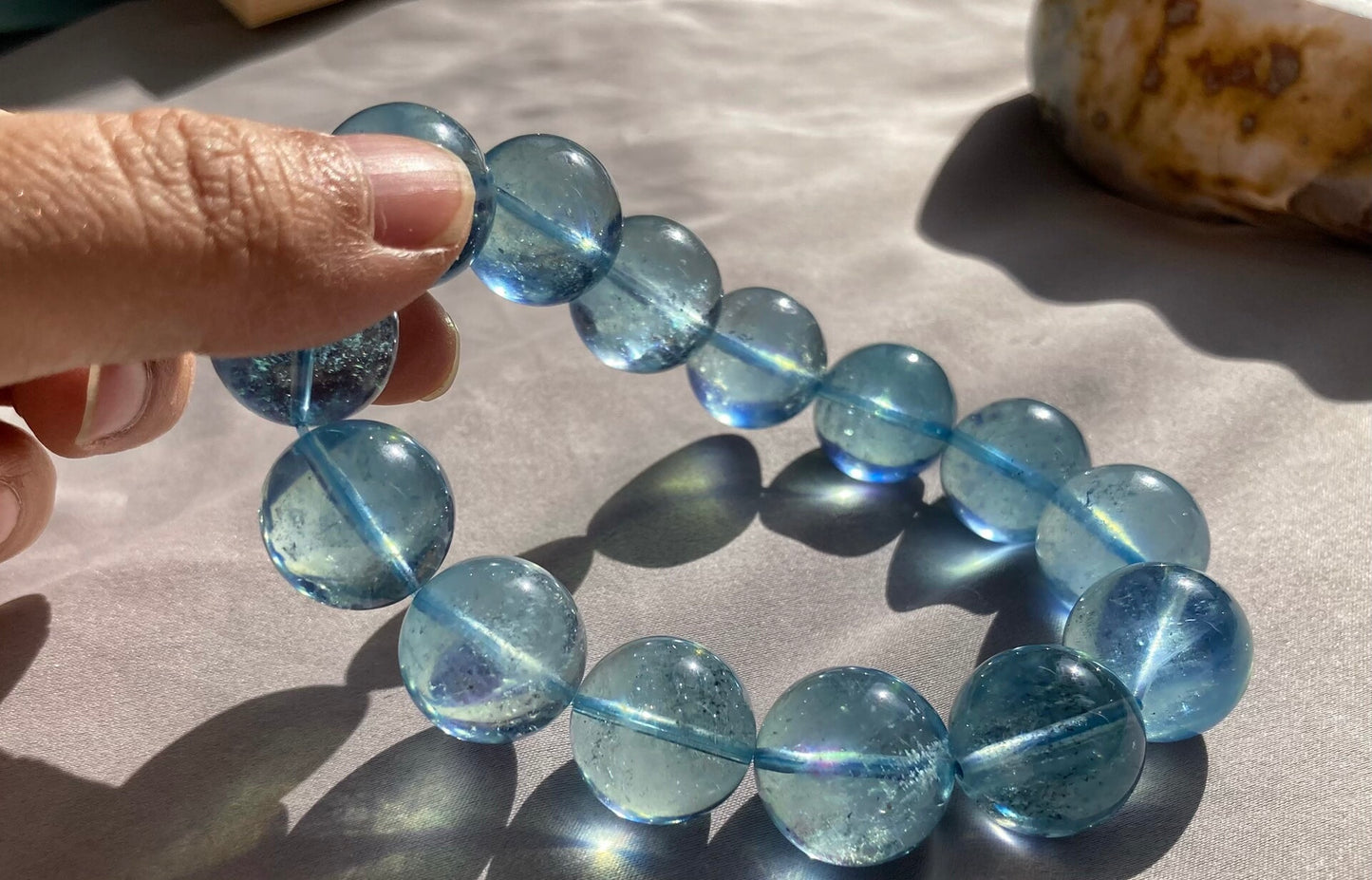 16mm aquamarine beaded bracelet and 15mm moonstone beaded bracelet