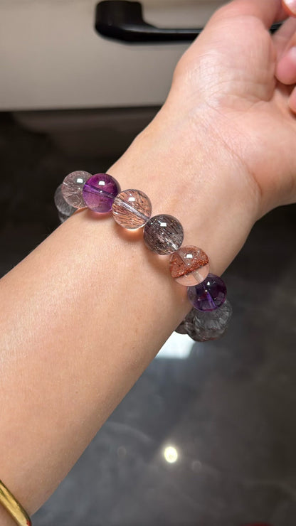 Natural Multicolor super seven Rutilated Quartz Crystal beads bracelet 12mm