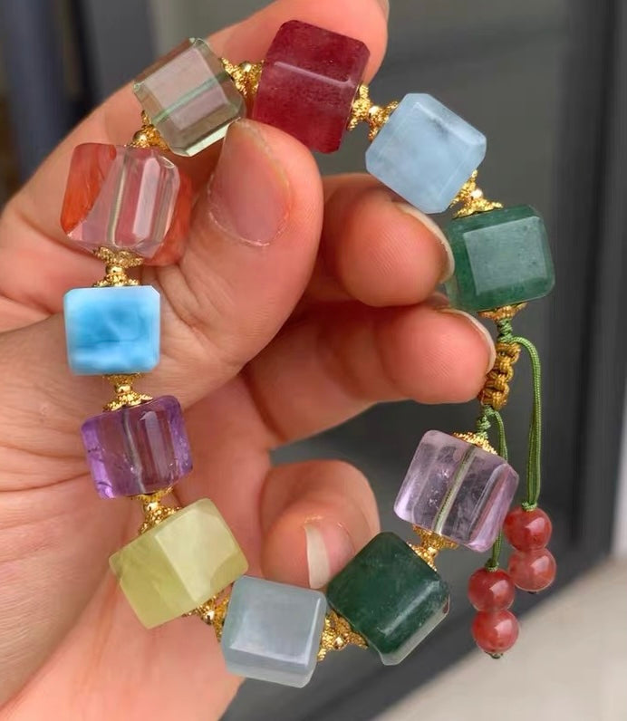 Natural Mixed Gemstone Crystal Cube Nugget beaded bracelet