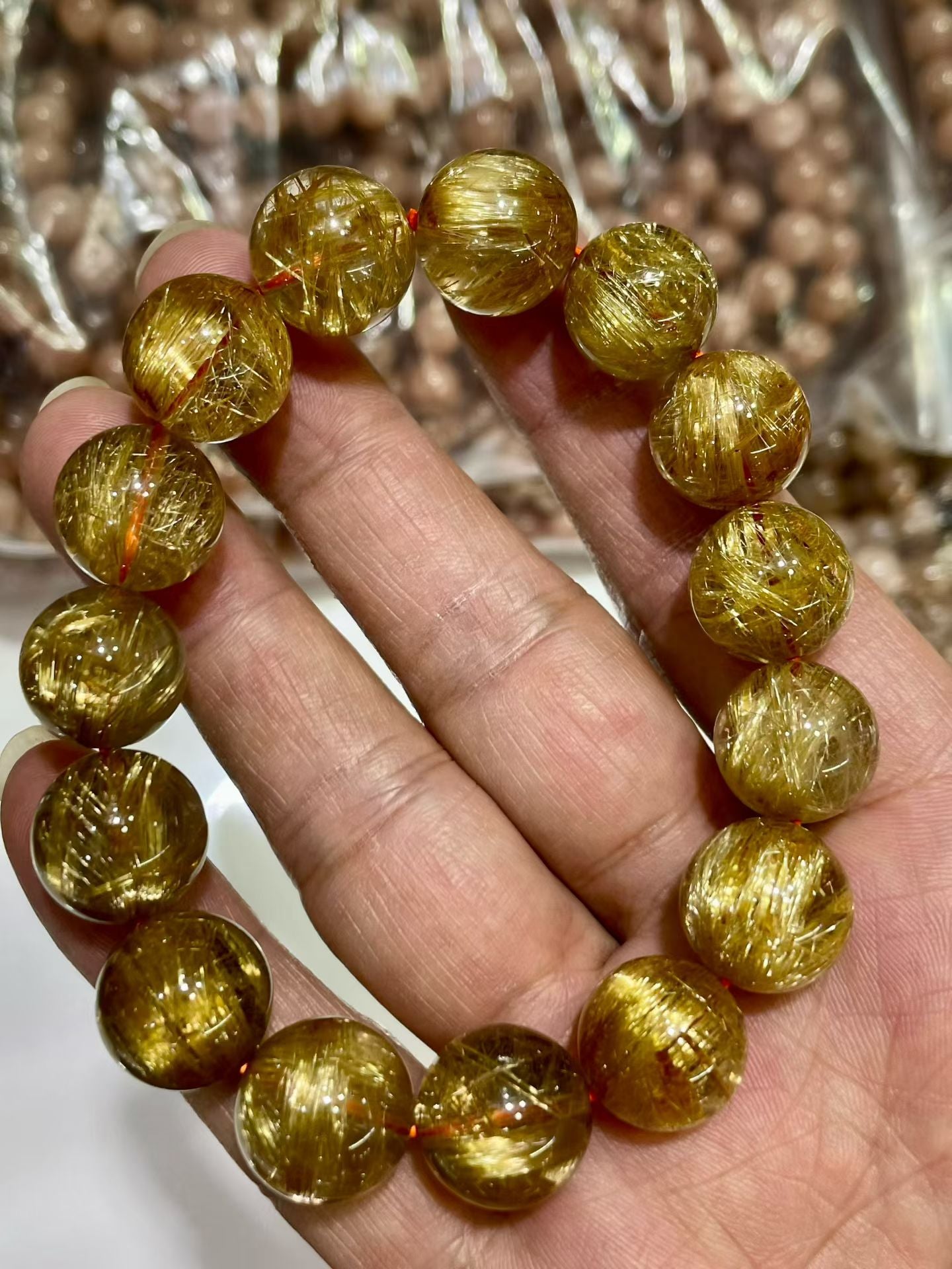 14mm Natural Gold Titanium Crystal Quartz beaded bracelet