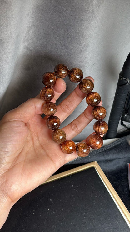 Natural Genuine Red copper Rutilated Quartz Crystal beads bracelet 15mm