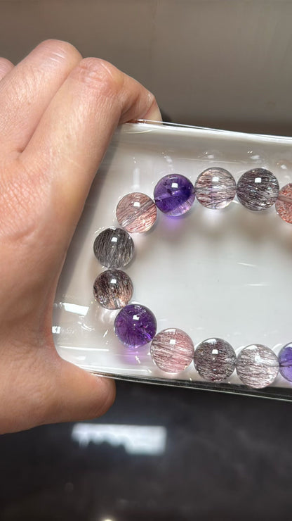 Natural Multicolor super seven Rutilated Quartz Crystal beads bracelet 12mm