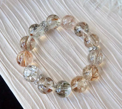 Natural Black Golden Super seven tourmaline Rutilated Quartz Crystal beads bracelet