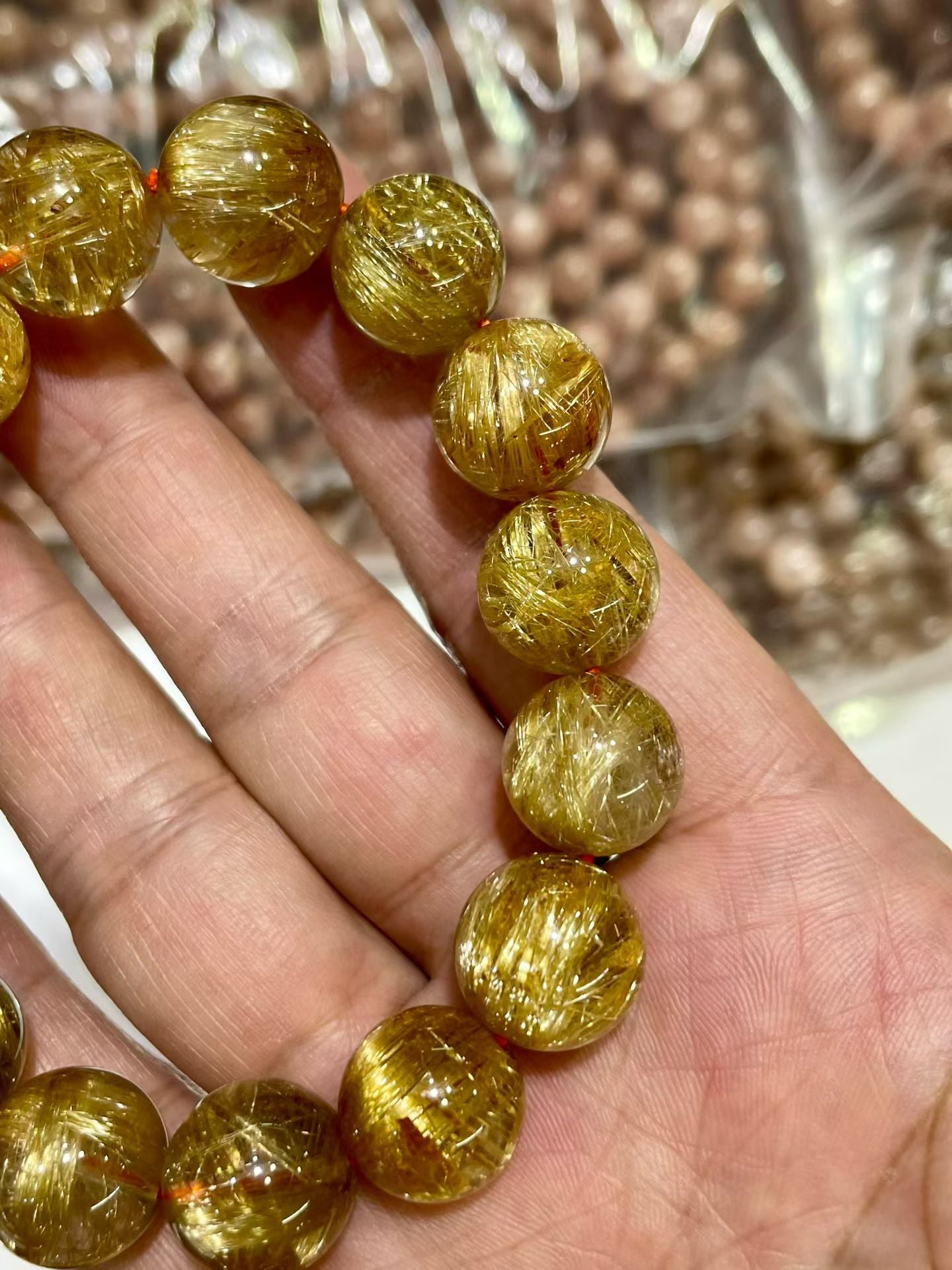 14mm Natural Gold Titanium Crystal Quartz beaded bracelet