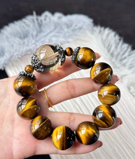 Natural Yellow tiger eyes and Smoky Quartz Crystal beaded bracelet