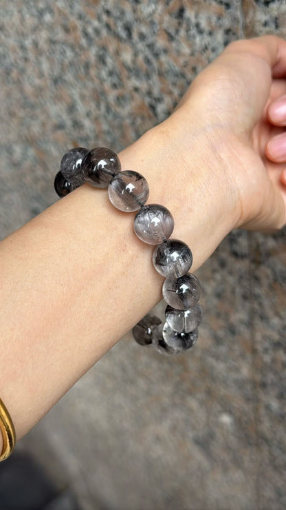 13mm High Quality Rare Natural Genuine Black Brookite Platinum Silver Rutilated Quartz Bracelet healing energy bracelet