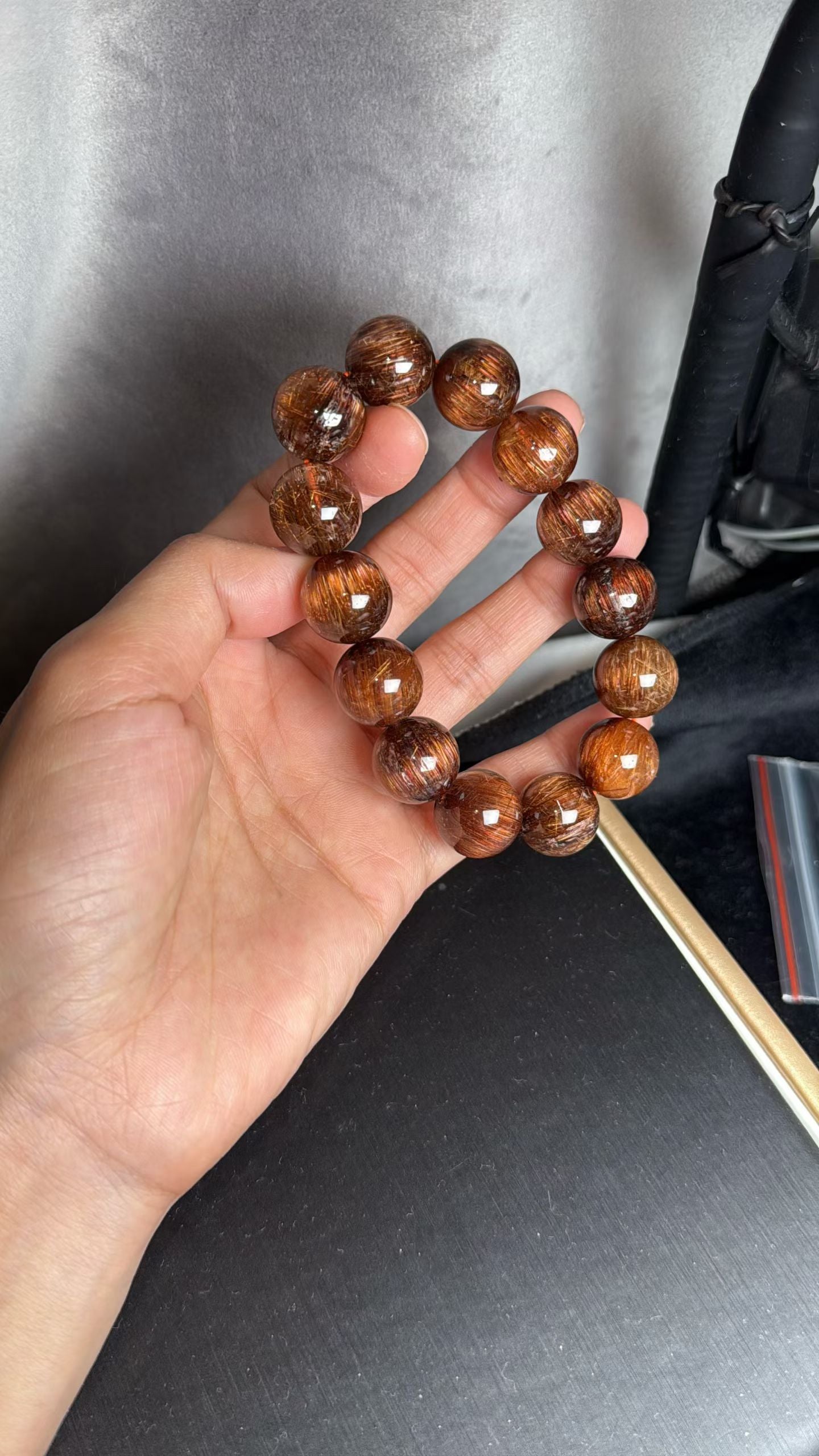 Natural Genuine Red copper Rutilated Quartz Crystal beads bracelet 15mm