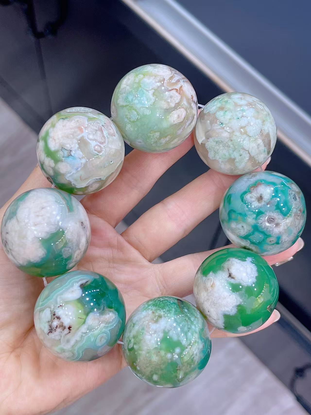 33mm Large size natural Green cherry Blossom agate beads bracelet