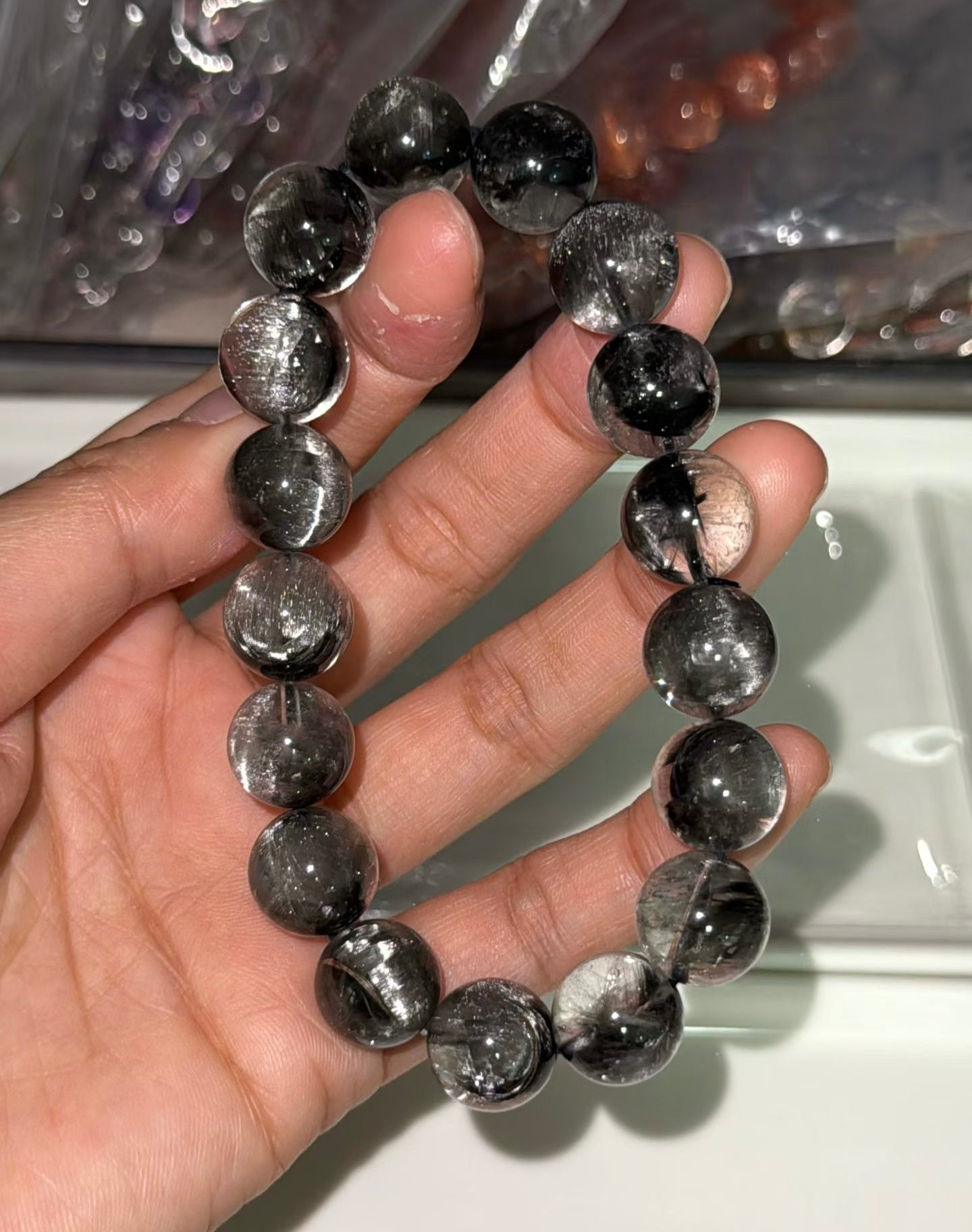 12mm High Quality Rare Natural Genuine Black Brookite Platinum Silver Rutilated Quartz Bracelet healing energy bracelet