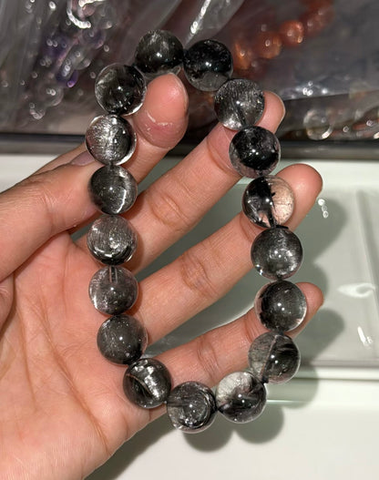 12mm High Quality Rare Natural Genuine Black Brookite Platinum Silver Rutilated Quartz Bracelet healing energy bracelet