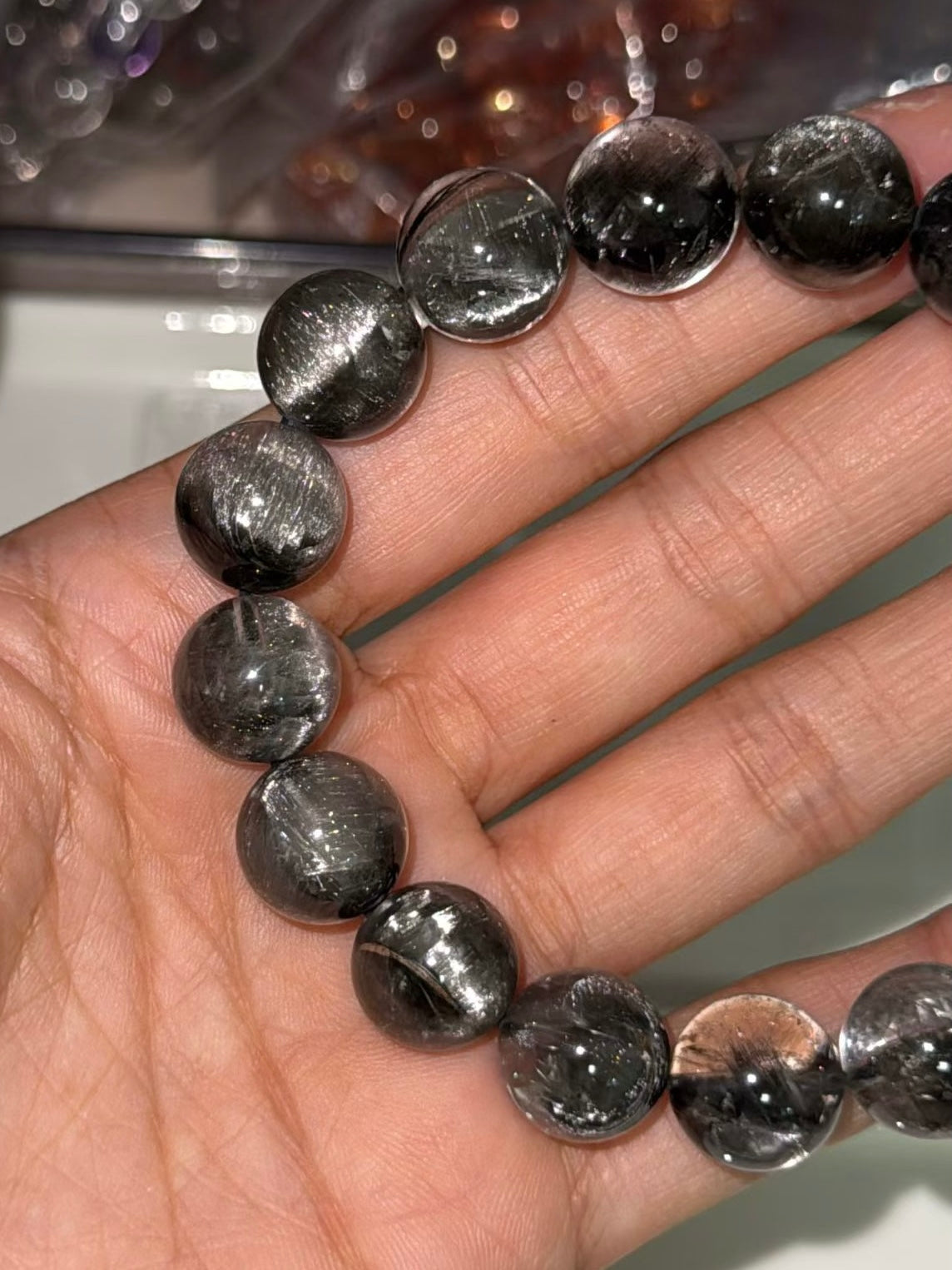 12mm High Quality Rare Natural Genuine Black Brookite Platinum Silver Rutilated Quartz Bracelet healing energy bracelet