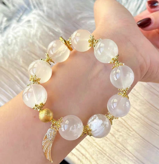 Natural white Snow phantom quartz Crystal beaded bracelet 16mm,large size beaded