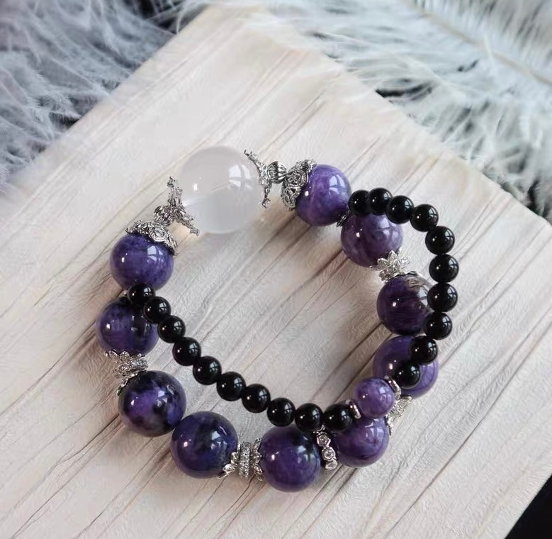 Natural Charoite purple and obsidian handmade beads bracelet