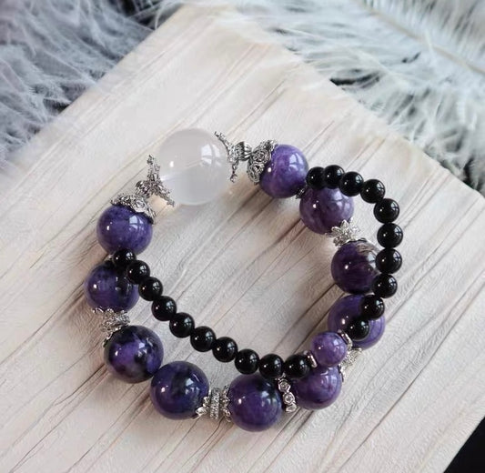Natural Charoite purple and obsidian handmade beads bracelet