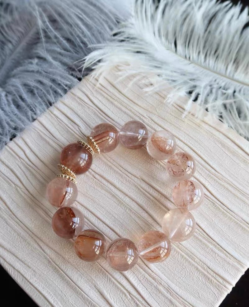 17mm Natural pink Hematoid Lepidocrocite Quartz Crystal beaded bracelet