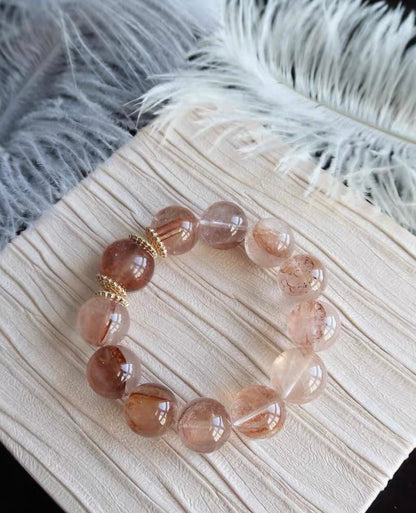 17mm Natural pink Hematoid Lepidocrocite Quartz Crystal beaded bracelet