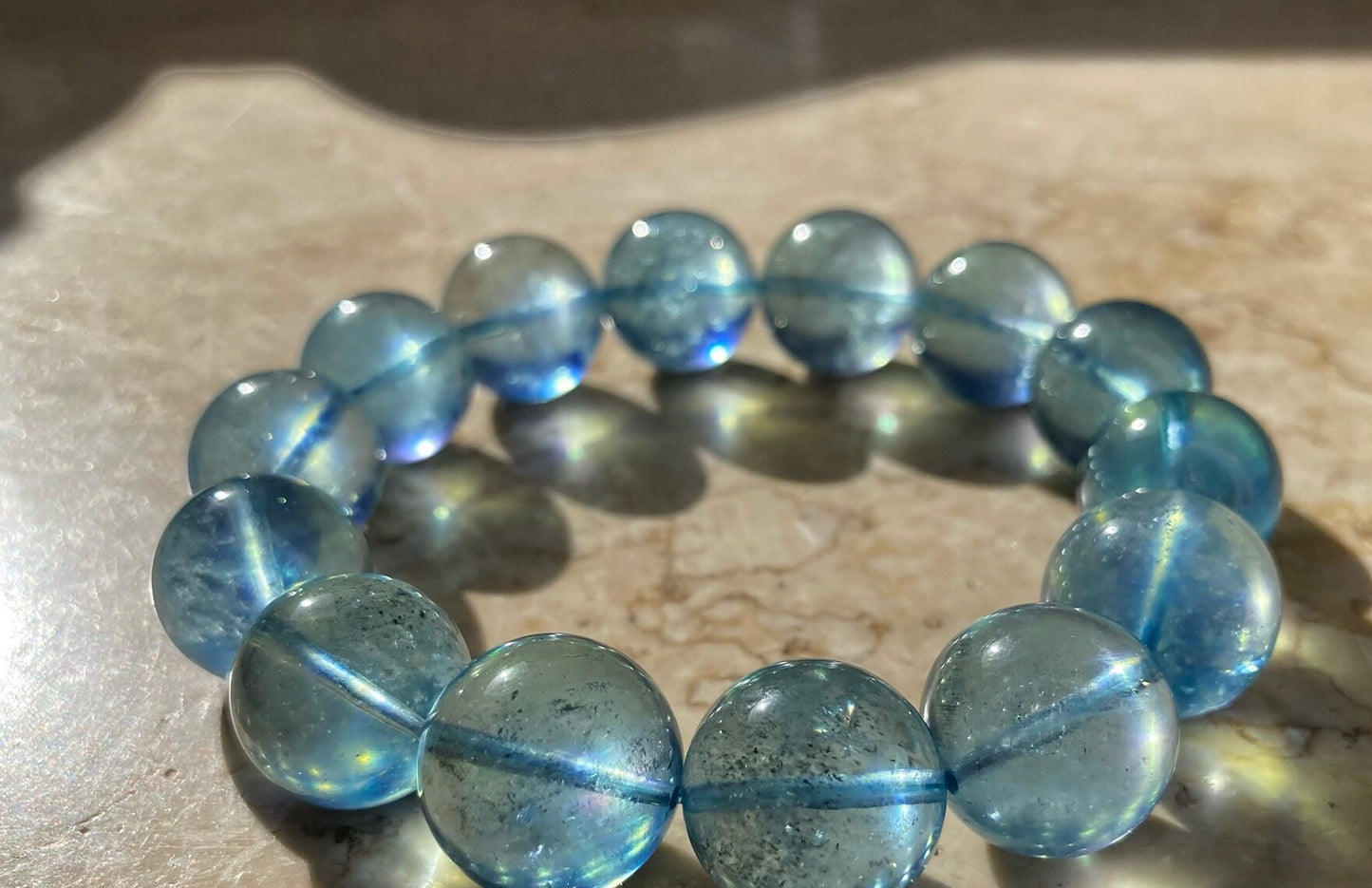 16mm aquamarine beaded bracelet and 15mm moonstone beaded bracelet