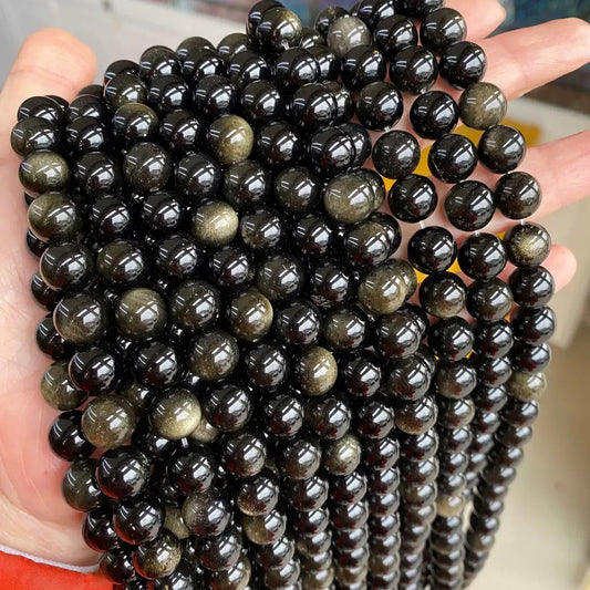 Natural Gold obsidian Round Loose Gemstone beads for jewelry making 4-14mm,bracelet necklace supply,15 Inch Strand