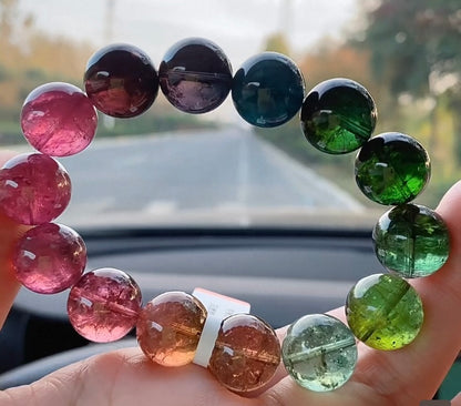 Natural Tourmaline Bracelet Multicolor Round Bead Crystal Bangle