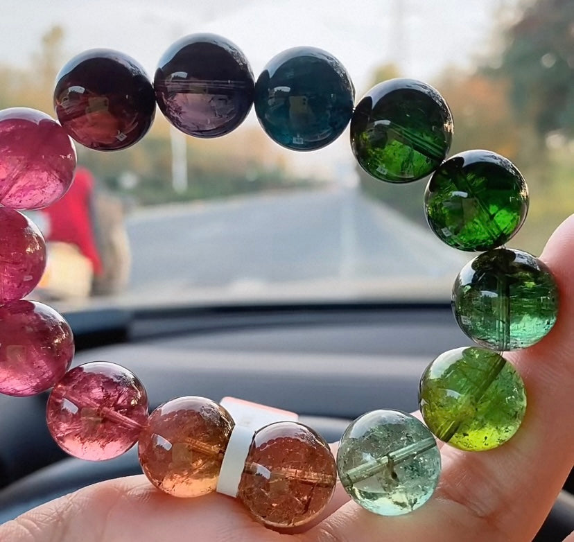 Natural Tourmaline Bracelet Multicolor Round Bead Crystal Bangle
