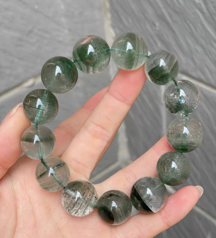 16mm Natural Green phantom quartz Crystal beaded bracelet