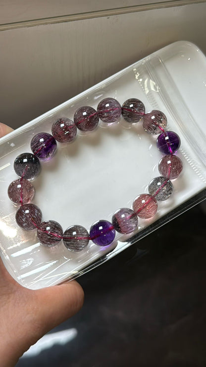 12.5mm Natural super seven Rutilated Quartz Crystal beads bracelet,Lepidocrocite in quartz,super7 bracelet