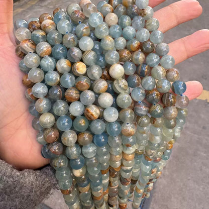 Natural Argentina Lemurian Aquatine Calcite Aka Blue Smooth Round Beads