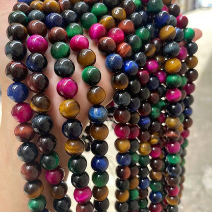 Natural mixed color tiger'eyes Red blue green yellow purple smooth round beads