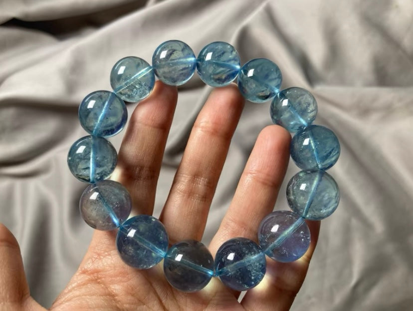 16mm aquamarine beaded bracelet and 15mm moonstone beaded bracelet